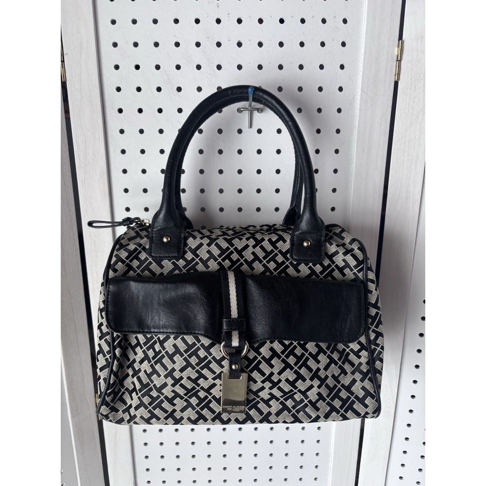 Tommy Halfiger Logo Top Handle Handbag Purse Satchel Black Faux Leather Fabric‎